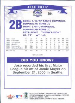 2002 Fleer #304 Jose Ortiz Back