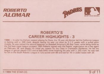 1989 Star Alomar Brothers #9 Roberto Alomar Back
