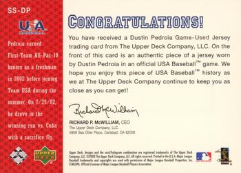2003 Upper Deck - Star Spangled Swatches #SS-DP Dustin Pedroia Back