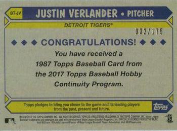 2017 Topps - 1987 Topps Baseball 30th Anniversary Chrome Silver Pack Green Refractor (Series Two) #87-JV Justin Verlander Back