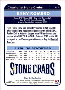 2012 Grandstand Charlotte Stone Crabs #NNO Enny Romero Back