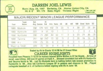 1991 Donruss The Rookies #35 Darren Lewis Back