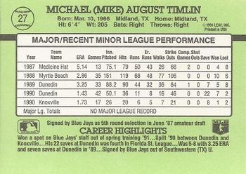 1991 Donruss The Rookies #27 Mike Timlin Back