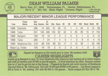 1991 Donruss The Rookies #48 Dean Palmer Back