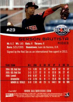 2017 Choice Salem Red Sox #2 Gerson Bautista Back