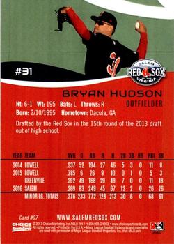 2017 Choice Salem Red Sox #7 Bryan Hudson Back