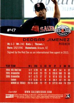 2017 Choice Salem Red Sox #8 Dedgar Jimenez Back
