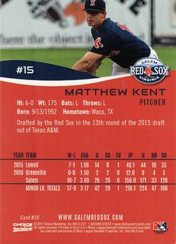 2017 Choice Salem Red Sox #10 Matthew Kent Back