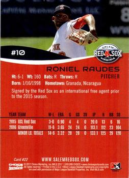 2017 Choice Salem Red Sox #22 Roniel Raudes Back