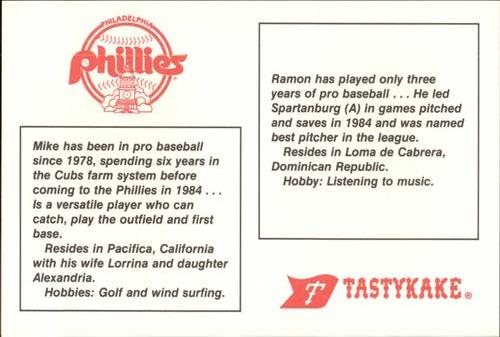 1985 Tastykake Philadelphia Phillies #NNO Ramon Caraballo / Mike Diaz Back