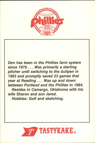 1985 Tastykake Philadelphia Phillies #NNO Don Carman Back
