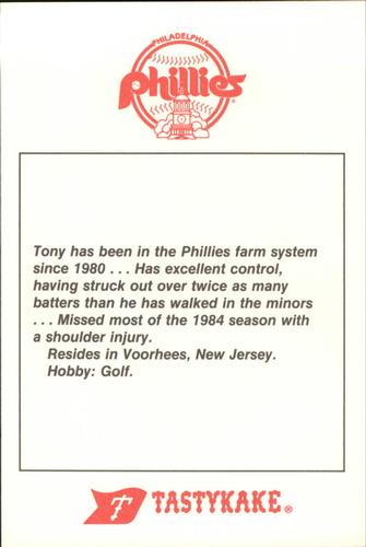 1985 Tastykake Philadelphia Phillies #NNO Tony Ghelfi Back