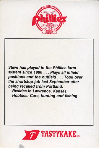 1985 Tastykake Philadelphia Phillies #NNO Steve Jeltz Back