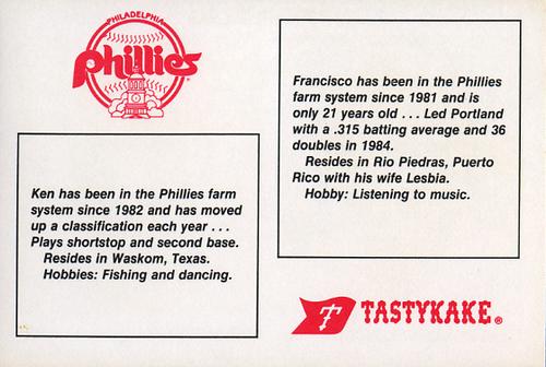 1985 Tastykake Philadelphia Phillies #NNO Francisco Melendez / Ken Jackson Back