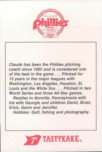 1985 Tastykake Philadelphia Phillies #NNO Claude Osteen Back