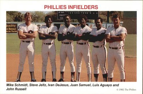 1985 Tastykake Philadelphia Phillies #NNO Phillies Infielders (Mike Schmidt / Steve Jeltz / Ivan DeJesus / Juan Samuel / Luis Aguayo / John Russell) Front