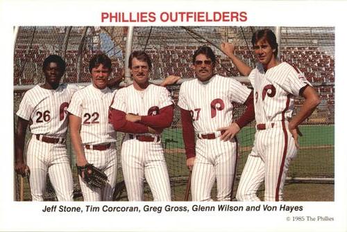 1985 Tastykake Philadelphia Phillies #NNO Phillies Outfielders (Jeff Stone / Tim Corcoran / Greg Gross / Glenn Wilson / Von Hayes) Front