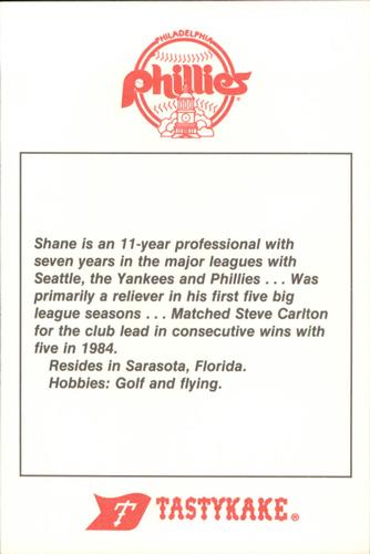 1985 Tastykake Philadelphia Phillies #NNO Shane Rawley Back