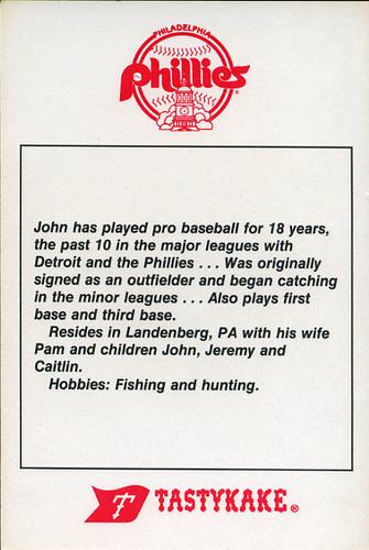 1985 Tastykake Philadelphia Phillies #NNO John Wockenfuss Back