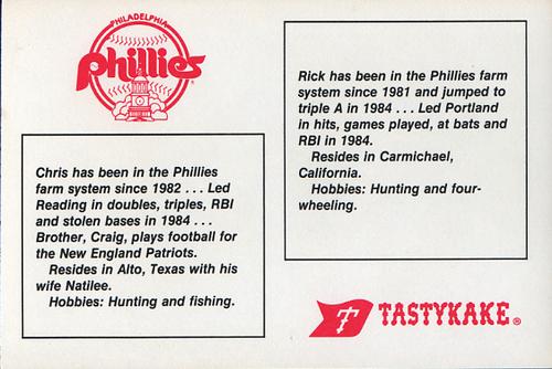 1985 Tastykake Philadelphia Phillies #NNO Future Phillies (Rick Schu / Chris James) Back