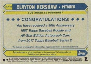 2017 Topps - 1987 Topps Baseball 30th Anniversary Rookie and All-Star Edition Autographs #1987A-CKE Clayton Kershaw Back