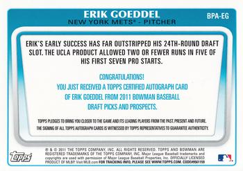 2011 Bowman Draft Picks & Prospects - Prospects Autographs #BPA-EG Erik Goeddel Back