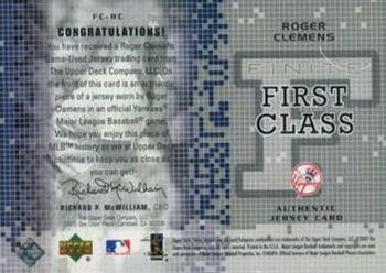 2003 Upper Deck Finite - First Class Game Jersey #FC-RC Roger Clemens Back