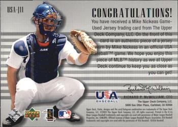 2003 Upper Deck Finite - Stars and Stripes Game Jersey #USA-J11 Mike Nickeas Back