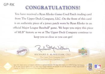 2003 Upper Deck Game Face - Game Face Patch #GP-RK Ryan Klesko Back