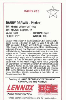1989 Lennox Houston Astros #13 Danny Darwin Back