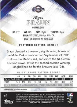 2017 Bowman Platinum #64 Ryan Braun Back