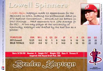 2012 Grandstand Lowell Spinners #NNO Braden Kapteyn Back