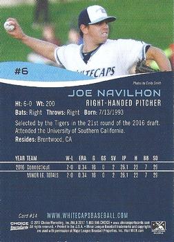 2017 Choice West Michigan Whitecaps #14 Joe Navilhon Back