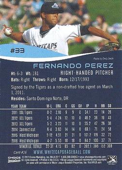 2017 Choice West Michigan Whitecaps #16 Fernando Perez Back