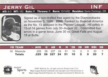 2001 Multi-Ad South Bend Silver Hawks #10 Jerry Gil Back