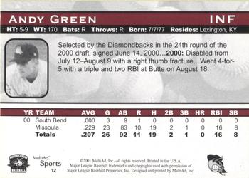 2001 Multi-Ad South Bend Silver Hawks #12 Andy Green Back