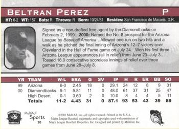 2001 Multi-Ad South Bend Silver Hawks #20 Beltran Perez Back
