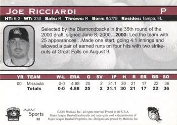 2001 Multi-Ad South Bend Silver Hawks #22 Joe Ricciardi Back