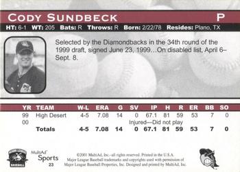 2001 Multi-Ad South Bend Silver Hawks #23 Cody Sundbeck Back