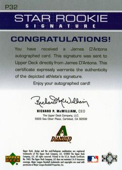 2003 Upper Deck Prospect Premieres - Autographs #P32 Jamie D'Antona Back