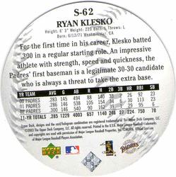 2003 Upper Deck Standing O! - Die Cuts #S-62 Ryan Klesko Back