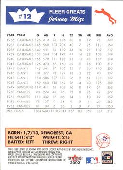 2002 Fleer Greats of the Game #12 Johnny Mize Back