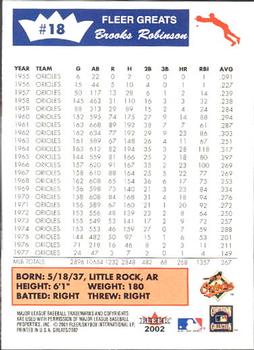 2002 Fleer Greats of the Game #18 Brooks Robinson Back