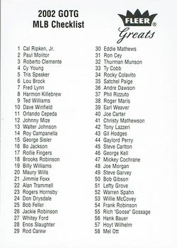2002 Fleer Greats of the Game #NNO Checklist Front