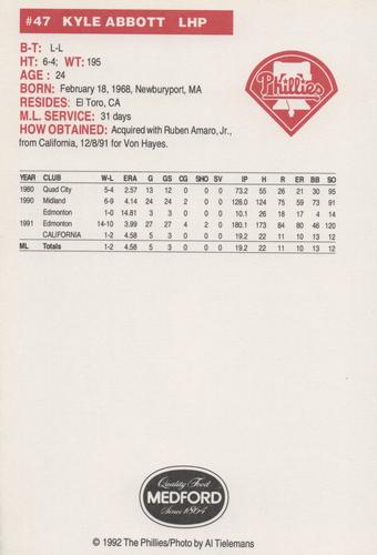 1992 Medford Philadelphia Phillies Photocards #NNO Kyle Abbott Back