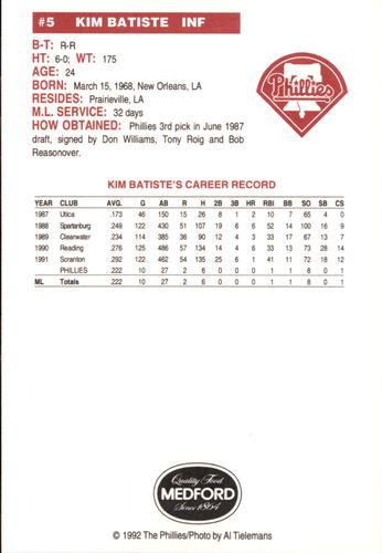 1992 Medford Philadelphia Phillies Photocards #NNO Kim Batiste Back