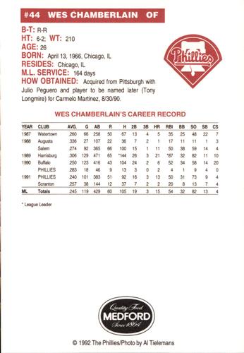 1992 Medford Philadelphia Phillies Photocards #NNO Wes Chamberlain Back