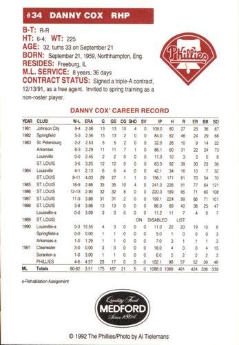 1992 Medford Philadelphia Phillies Photocards #NNO Danny Cox Back