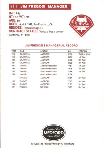 1992 Medford Philadelphia Phillies Photocards #NNO Jim Fregosi Back
