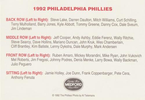 1992 Medford Philadelphia Phillies Photocards #NNO 1992 Phillies Team Back